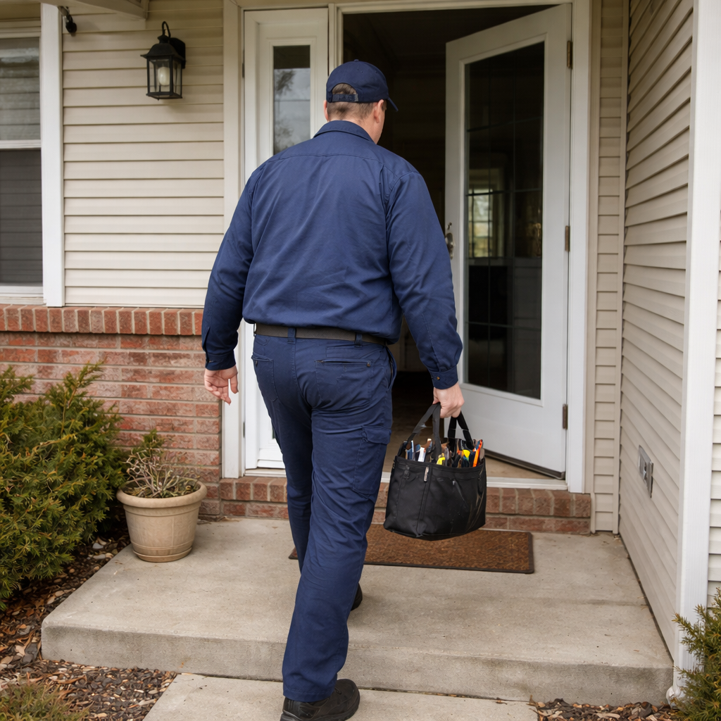 HVAC technician arriving at a suburban home for a residential service call